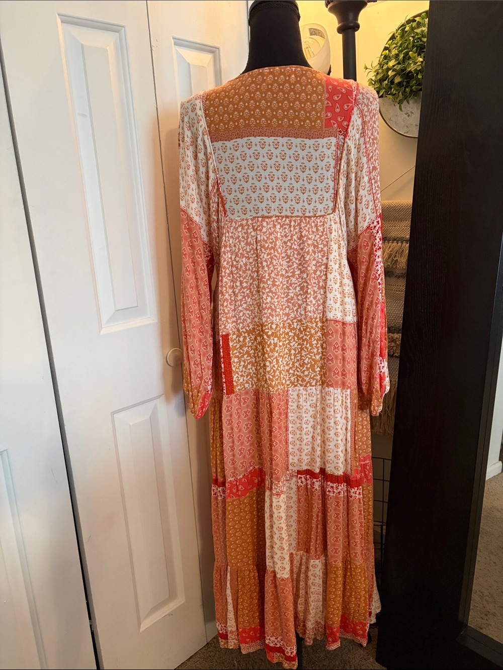 Aura Bohemian Patchwork Paisley Midi Dress in Coral, Cream, Rust - Picture 2 of 9